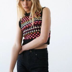 Zara Black Knit Vest with Pink, Red & Yellow Pattern